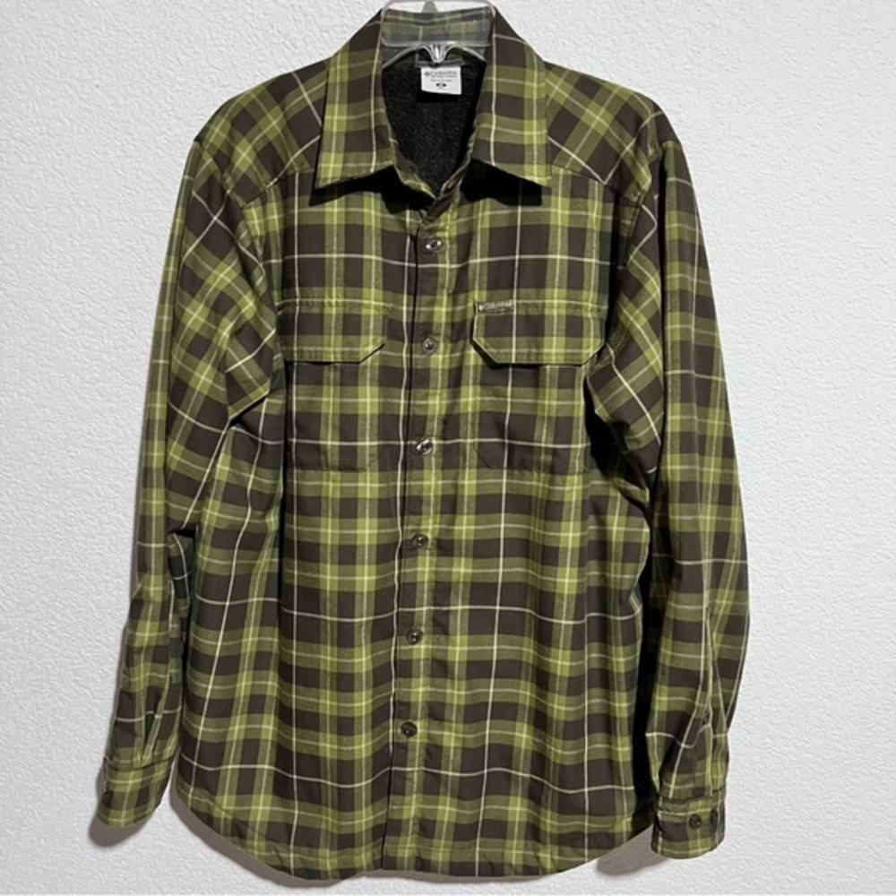 Columbia Green & Brown Plaid Omni Dry Faux Fur Lined Thermal Long Sleeve Shirt M